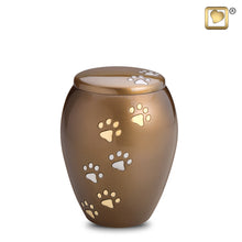 Load image into Gallery viewer, brass majestic paws pet cremation urn with paw prints 90 cu in

