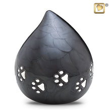 Load image into Gallery viewer, aluminum teardrop pet cremation urn with paw prints in midnight finish 60 cu in
