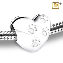 Load image into Gallery viewer, sterling silver pet cremation keepsake jewelry bead loveheart with paw prints close up
