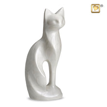 Load image into Gallery viewer, aluminum pet cremation urn graceful cat white finish 16 cu in
