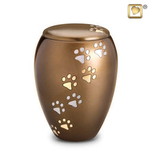 Load image into Gallery viewer, brass majestic paws pet cremation urn with paw prints 120 cu in
