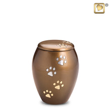 Load image into Gallery viewer, brass majestic paws pet cremation urn with paw prints 60 cu in

