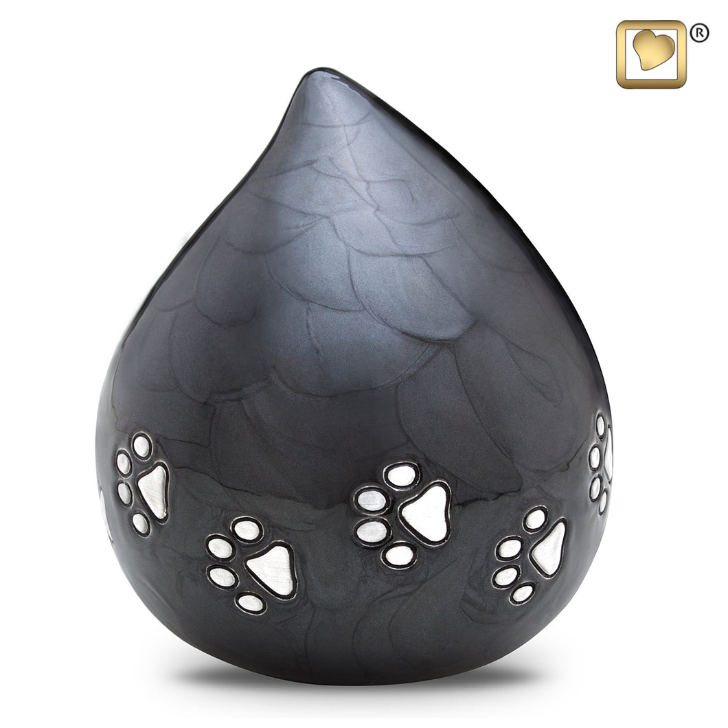 aluminum teardrop pet cremation urn with paw prints in midnight finish 60 cu in