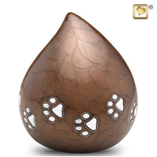 Load image into Gallery viewer, aluminum teardrop pet cremation urn with paw prints in bronze finish 60 cu in
