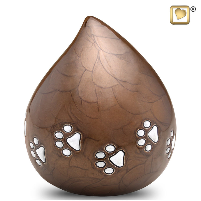 aluminum teardrop pet cremation urn with paw prints in bronze finish 60 cu in