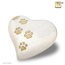 Load image into Gallery viewer, brass lovepaws pet cremation heart urn with paw prints white finish 30 cu in

