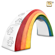 Load image into Gallery viewer, handcrafted rainbow bridge pet cremation urn with paw prints 60 cu in

