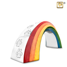Load image into Gallery viewer, handcrafted rainbow bridge pet cremation urn with paw prints 40 cu in

