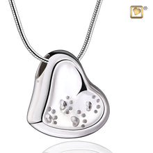 Load image into Gallery viewer, rhodium plated sterling silver pet cremation keepsake urn leaning heart with paw prints
