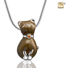Load image into Gallery viewer, rhodium plated sterling silver with enamel and swarovski pet cremation keepsake pendant bronze close up
